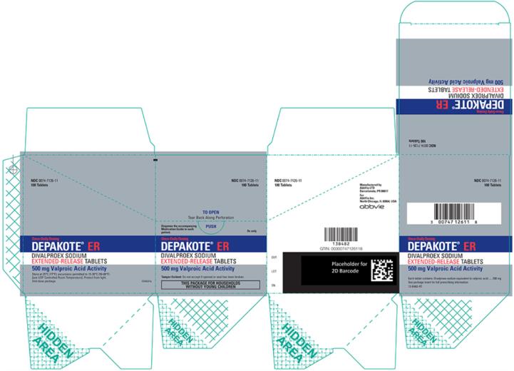 NDC 0074-7126-11 
100 Tablets 
TO OPEN 
Tear Back Along Perforation 
Dispense the accompanying Medication Guide to each patient. 
Rx only 
Once-Daily Dosing 
DEPAKOTE® ER 
DIVALPROEX SODIUM EXTENDED-RELEASE TABLETS 
500 mg Valproic Acid Activity 
Tamper-Evident: Do not accept if opened or seal has been broken. 
THIS PACKAGE FOR HOUSEHOLDS WITHOUT YOUNG CHILDREN 
