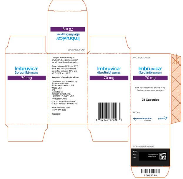 NDC 57962-070-28
Imbruvica®
(ibrutinib) capsules
70 mg
Each capsule contains: ibrutinib 70 mg
Swallow capsules whole with water
28 Capsules
Rx Only
pharmacyclics®
An AbbVie Company
janssen
