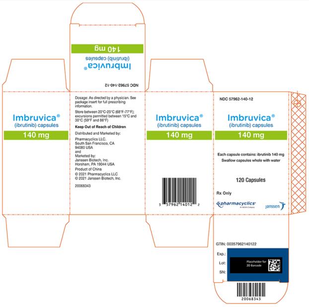 NDC 57962-140-12
Imbruvica®
(ibrutinib) capsules
140 mg
Each capsule contains: ibrutinib 140 mg
Swallow capsules whole with water
120 Capsules
Rx Only
pharmacyclics®
An AbbVie Company
janssen

