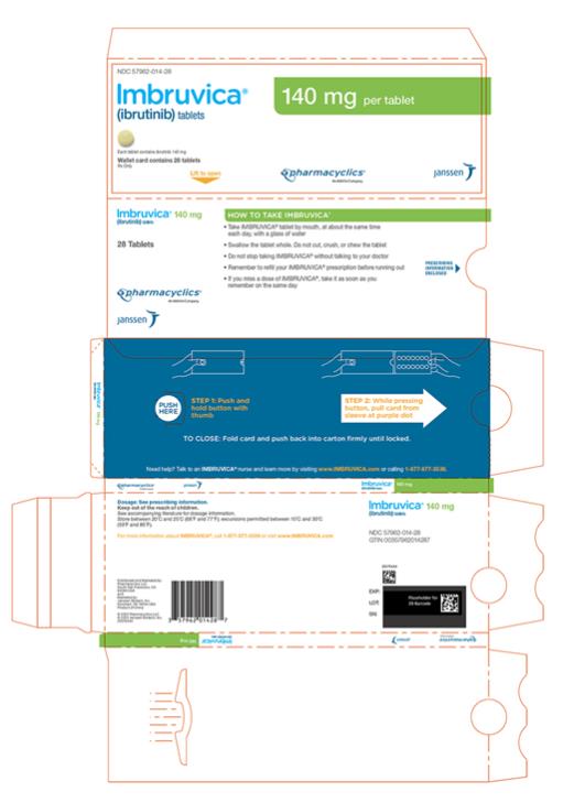 NDC 57962-014-28
Imbruvica®
(ibrutinib) tablets
140 mg per tablet
Each tablet contains ibrutinib 140 mg
Wallet card contains 28 tablets
Rx Only
pharmacyclics®
An AbbVie Company
janssen
