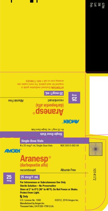 NDC 55513-002-04 Single-Dose Vials 4 x 25 mcg/1 mL Single-Dose Vials AMGEN ® Aranesp ® (darbepoetin alfa) recombinant Albumin Free 25 mcg 25 mcg/1 mL For Intravenous or Subcutaneous Use Only Sterile Solution – No Preservative Store at 2° to 8°C (36° to 46°F).  Do Not Freeze or Shake. Protect from Light. Rx Only U.S. License No. 1080 ©2012, 2016 Amgen Inc. Manufactured by Amgen Inc. Thousand Oaks, CA 91320-1799 U.S.A.
