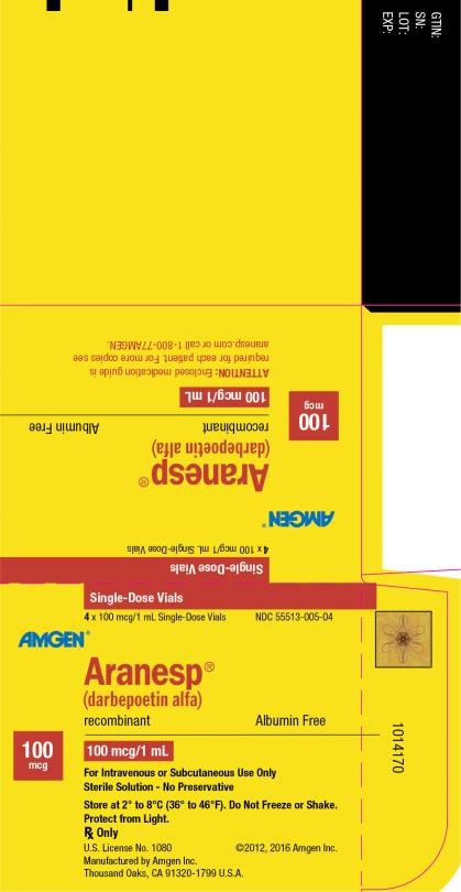 NDC 55513-005-04
Single-Dose Vials
4 x 100 mcg/1 mL Single-Dose Vials
AMGEN ®
Aranesp ®
(darbepoetin alfa)
recombinant
Albumin Free
100 mcg
100 mcg/1 mL
For Intravenous or Subcutaneous Use Only
Sterile Solution – No Preservative
Store at 2° to 8°C (36° to 46°F).  Do Not Freeze or Shake.
Protect from Light.
Rx Only
U.S. License No. 1080
©2012, 2016 Amgen Inc.
Manufactured by Amgen Inc.
Thousand Oaks, CA 91320-1799 U.S.A.
