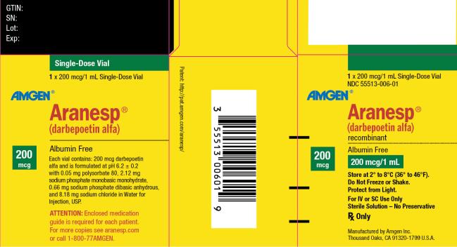 NDC 55513-006-01 1 x 200 mcg/1 mL Single-Dose Vial AMGEN ® Aranesp ® (darbepoetin alfa) recombinant Albumin Free 200 mcg 200 mcg/1 mL Store at 2° to 8°C (36° to 46°F). Do Not Freeze or Shake. Protect from Light. For IV or SC Use Only Sterile Solution – No Preservative Rx Only Manufactured by Amgen Inc. Thousand Oaks, CA 91320-1799 U.S.A.