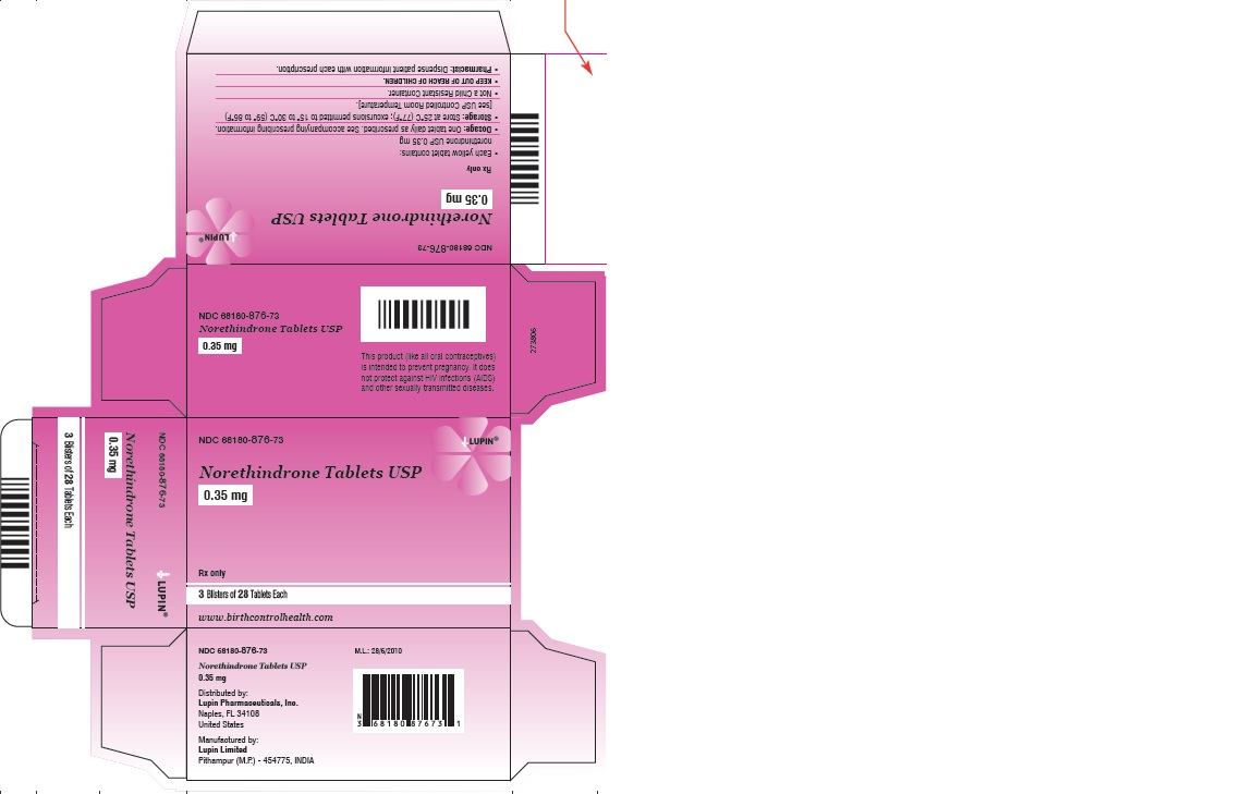 Norethindrone Tablets USP
0.35 mg
Rx Only
NDC 68180-876-13
Carton Label: 3 Wallets, 28 Tablets Each
28 Day Regimen