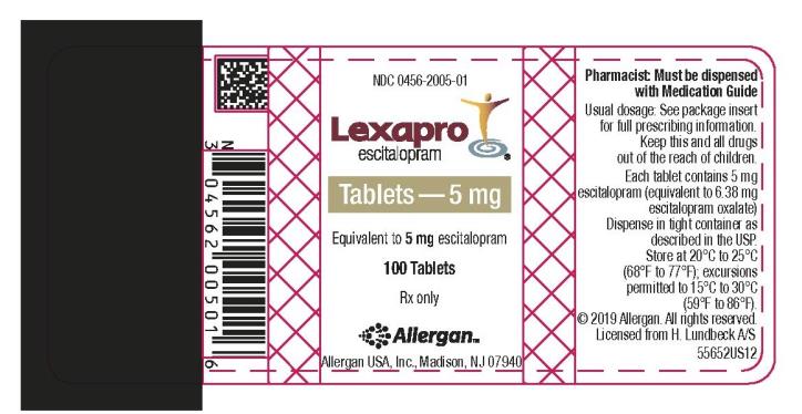 NDC 0456-2005-01
Lexapro
escitalopram 
Tablets 5 mg
100 Tablets
Rx Only
