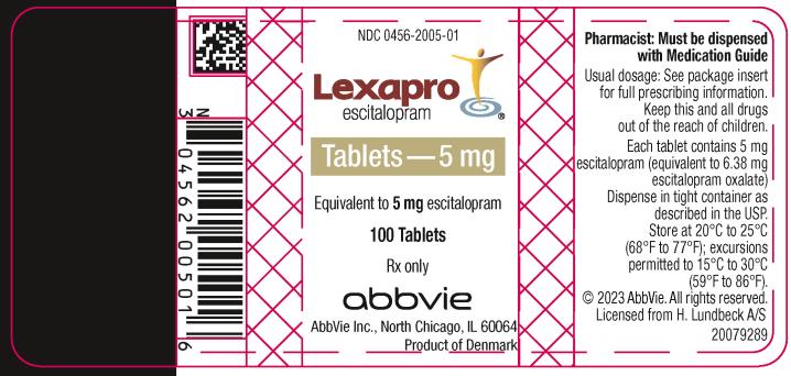 NDC 0456-2005-01
Lexapro
escitalopram 
Tablets 5 mg
100 Tablets
Rx Only
