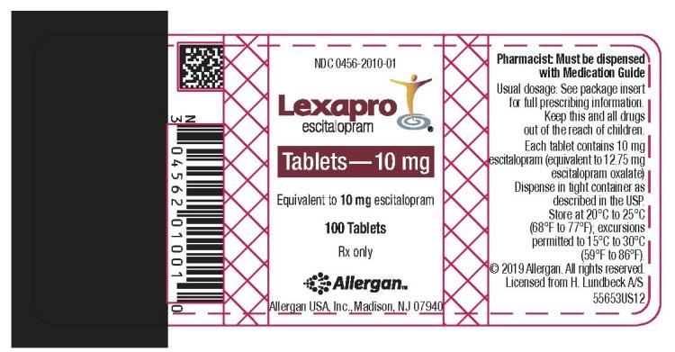 NDC 0456-2010-01
Lexapro
escitalopram 
Tablets 10 mg
100 Tablets
Rx Only
