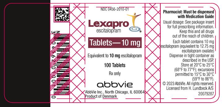 NDC 0456-2010-01
Lexapro
escitalopram 
Tablets 10 mg
100 Tablets
Rx Only
