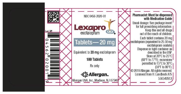 NDC 0456-2020-01
Lexapro
escitalopram 
Tablets 20 mg
100 Tablets
Rx Only
