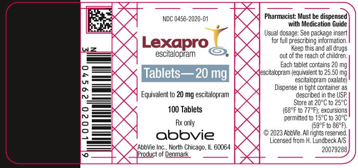 NDC 0456-2020-01
Lexapro
escitalopram 
Tablets 20 mg
100 Tablets
Rx Only
