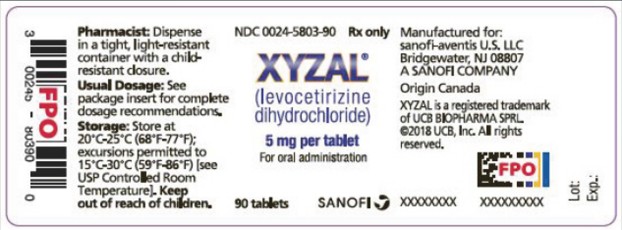 PRINCIPAL DISPLAY PANEL
NDC 0024-5803-90
Rx Only
XYZAL
(levocetirizine dihydrochloride)
oral solution
5 mg per tablet
For oral administration
