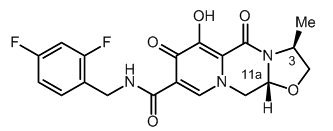(3S,11aR)-N-[(2,4-difluorophenyl)methyl]-6-hydroxy-3-methyl-5,7-dioxo-2,3,5,7,11,11a-hexahydro[1,3]oxazolo[3,2-a]pyrido[1,2-d]pyrazine-8-carboxamide chemical structure