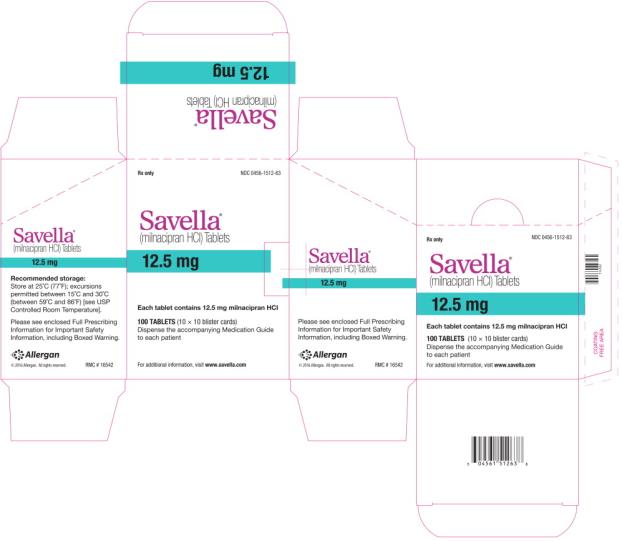 Rx Only   
NDC 0456-1512-63
Savella®
(milnacipran HCI) Tablets
12.5 mg
Each tablet contains 12.5 mg milnacipran HCl
100 TABLETS (10 x10 blister cards)
Dispense the accompanying Medication Guide
to each patient
For additional information, visit www.savella.com

