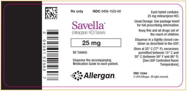 PRINCIPAL DISPLAY PANEL
Rx Only
NDC 0456-1525-60
Savella®
(milnacipran HCI) Tablets
25 mg
60 Tablets
Dispense the accompanying
Medication Guide to each patient.
Allergan™
