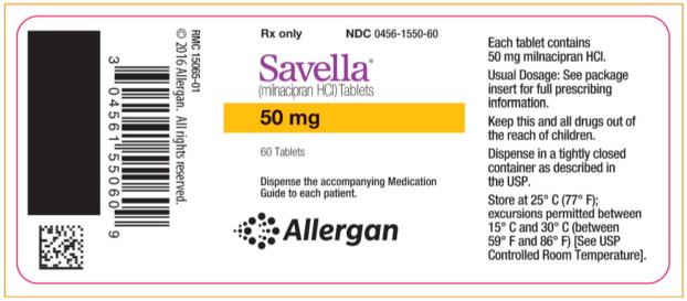 Rx Only   
NDC 0456-1550-60
Savella®
(milnacipran HCI) Tablets
50 mg
60 Tablets
Dispense the accompanying Medication
Guide to each patient.
Allergan
