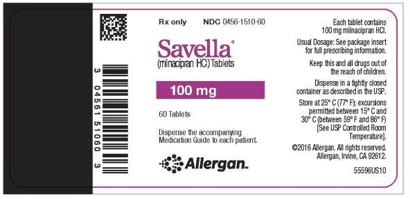 Rx Only   
NDC 0456-1510-60
Savella®
(milnacipran HCI) Tablets
100 mg
60 Tablets
Dispense the accompanying Medication
Guide to each patient.
Allergan™
