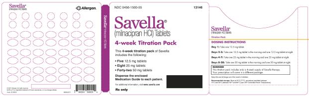 NDC 0456-1500-55
Savella®
(milnacipran HCI) Tablets
4-week Titration Pack
This 4-week titration pack of Savella
includes the following:
•	Five 12.5 mg tablets
•	Eight 25 mg tablets
•	Forty-two 50 mg tablets
Dispense the enclosed Medication Guide to each patient.
For additional information, visit www.savella.com
Rx only
