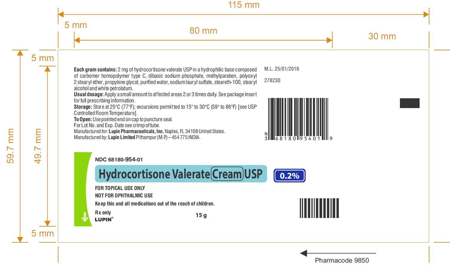 Hydrocortisone Valerate Cream USP, 0.2%
15 g
Tube label 
NDC 68180-954-01
Rx only