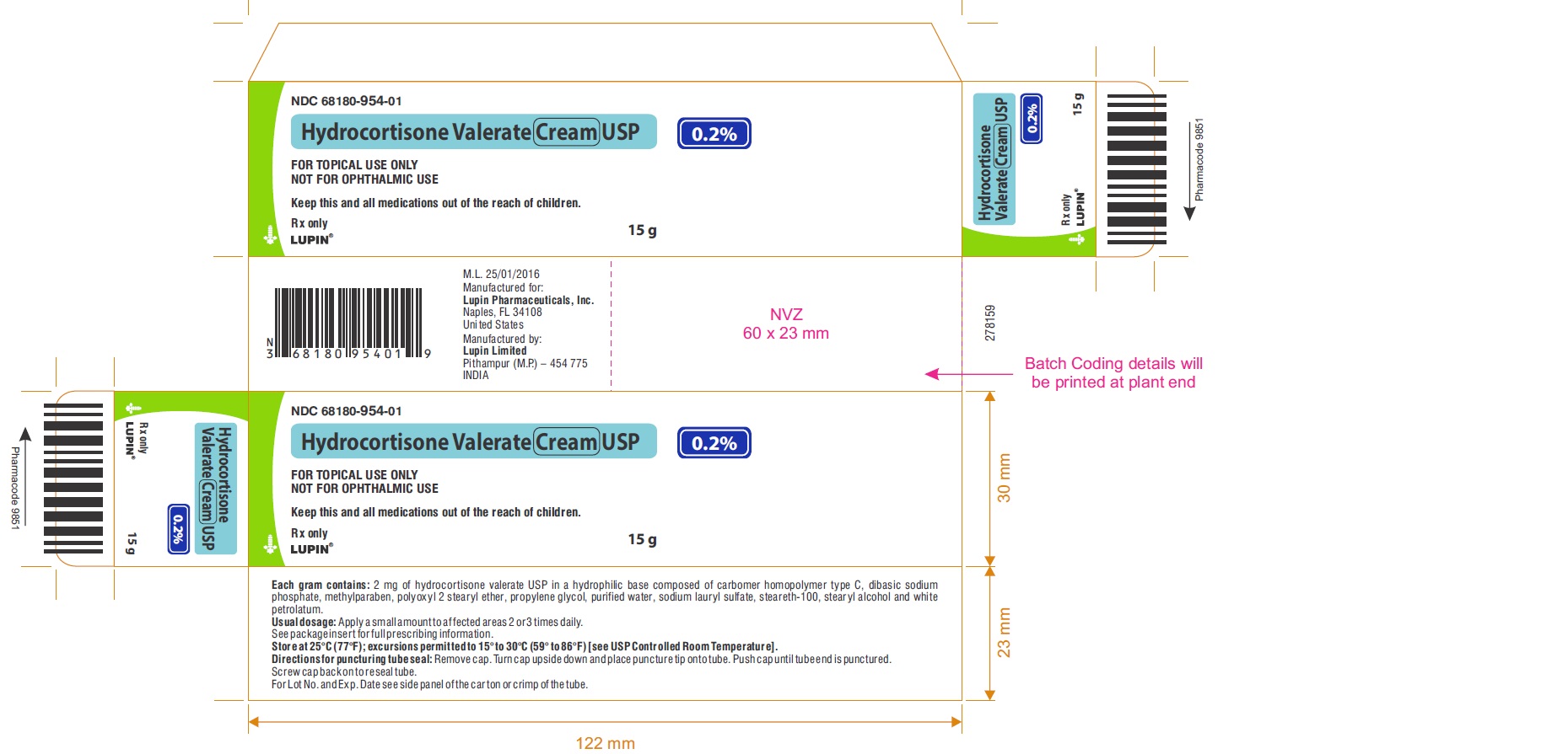 Hydrocortisone Valerate Cream USP, 0.2%
15 g
Carton label 
NDC 68180-954-01
Rx only