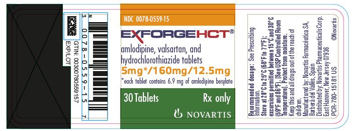 PRINCIPAL DISPLAY PANEL
							NDC 0078-0559-15
							EXFORGE HCT®
							amlodipine, valsartan, and hydrochlorothiazide tablets
							5 mg* / 160 mg / 12.5 mg
							*each tablet contains 6.9 mg of amlodipine besylate
							30 Tablets
							Rx only
							NOVARTIS
							