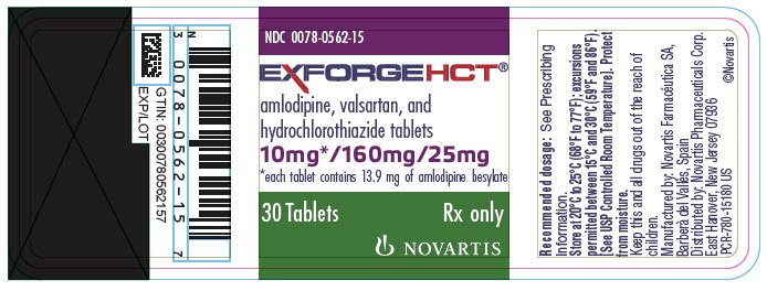 PRINCIPAL DISPLAY PANEL
							NDC 0078-0562-15
							EXFORGE HCT®
							amlodipine, valsartan, and hydrochlorothiazide tablets
							10 mg* / 160 mg / 25 mg
							*each tablet contains 13.9 mg of amlodipine besylate
							30 Tablets
							Rx only
							NOVARTIS
							