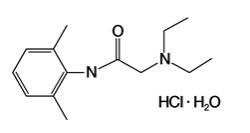 Lidocaine Hydrochloride Monohydrate powder intradermal injection system contains 0.5 mg of sterile lidocaine hydrochloride monohydrate. 
The chemical name is 2-diethylamino-2',6'-acetoxylidide, monohydrochloride, monohydrate. The molecular formula is C14H22N2O · HCl · H2O with a molecular weight of 288.8 Da. Lidocaine hydrochloride monohydrate, a local anesthetic of the amide class, has the following structural formula: 
