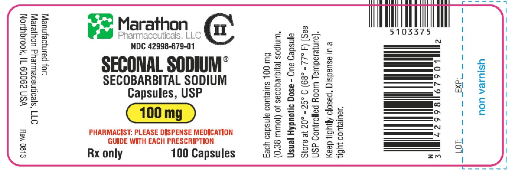 Marathon Pharmaceuticals CII NDC 42998-679-01 SECONAL SODIUM® SECOBARBITAL SODIUM Capsules, USP 100 mg PHARMACIST: PLEASE DISPENSE MEDICATION GUIDE WITH EACH PRESCRIPTION Rx only 100 Capsules