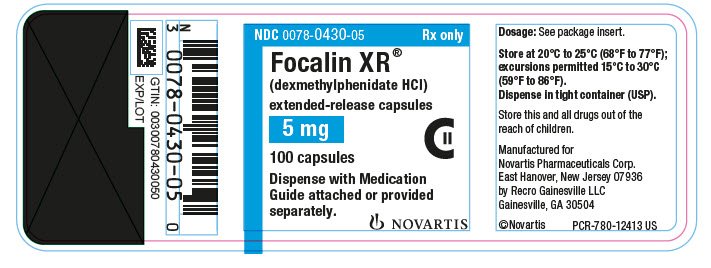 PRINCIPAL DISPLAY PANEL          NDC 0078-0430-05          Rx only          Focalin XR®          (dexmethylphenidate HCl)          extended-release capsules          5 mg          100 capsules          Dispense with Medication Guide attached or provided separately.          NOVARTIS