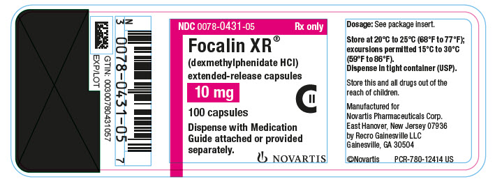 PRINCIPAL DISPLAY PANEL          NDC 0078-0431-05          Rx only          Focalin XR®          (dexmethylphenidate HCl)          extended-release capsules          10 mg          100 capsules          Dispense with Medication Guide attached or provided separately.          NOVARTIS