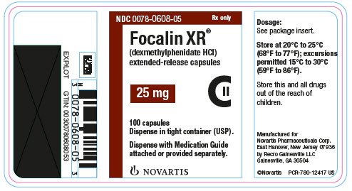 PRINCIPAL DISPLAY PANEL          NDC 0078-0608-05          Rx only          Focalin XR®          (dexmethylphenidate HCl)          extended-release capsules          25 mg          100 capsules          Dispense in tight container (USP).          Dispense with Medication Guide attached or provided separately.          NOVARTIS