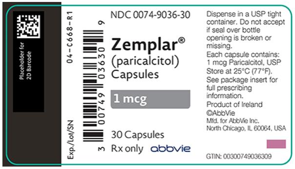 NDC 0074–9036–30 
Zemplar® (paricalcitol) Capsules 
1 mcg 30 Capsules 
Rx only abbvie 
