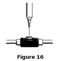 Insert the needle of the syringe into the cleaned venous port and push the plunger all the way down to inject all the Epogen.  See Figure 16.
