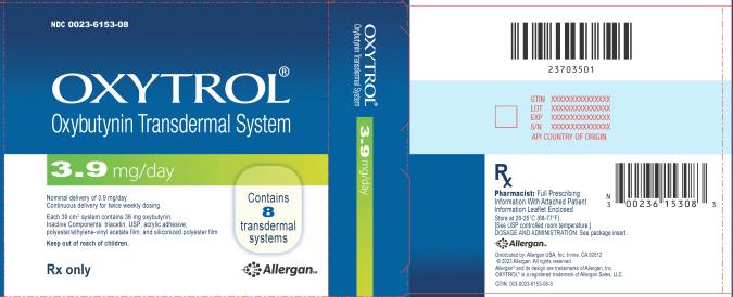 PRINCIPAL DISPLAY PANEL
NDC 0023-6153-08
OXYTROL® 
Oxybutynin Transdermal System
3.9 mg/day
Nominal delivery of 3.9 mg/day.
Continuous delivery for twice weekly dosing.
Each 39 cm2 system contains 36 mg oxybutynin.
Inactive Components: triacetin, USP; acrylic adhesive;
polyester/ethylene-vinyl acetate film, and siliconized polyester film.
Contains 8 transdermal systems
Keep out of reach of children.
Rx only
