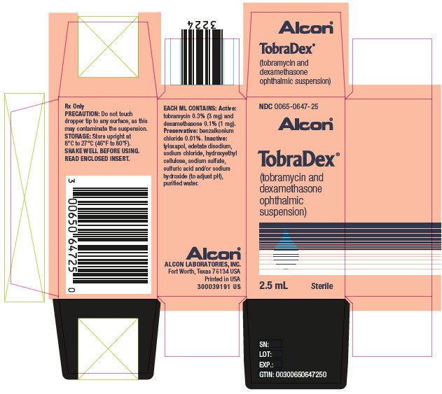 PRINCIPAL DISPLAY PANEL
							0065-0647-25
							Alcon®
							TobraDex® (tobramycin and dexamethasone ophthalmic suspension)
							2.5 mL
							Sterile
							