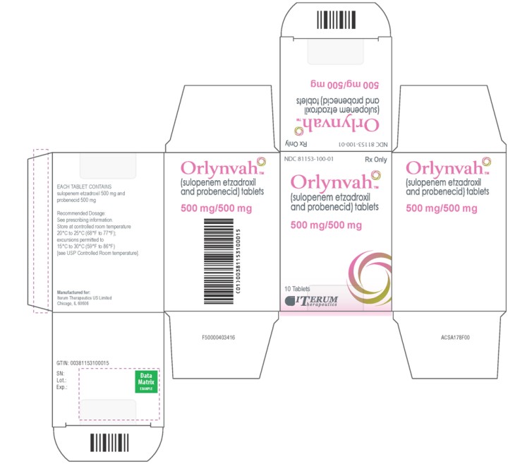 NDC 81153-100-01
Rx Only
Orlynvah™
(sulopenem etzadroxil
and probenecid) tablets
500 mg/500 mg
10 Tablets
