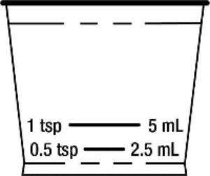 Dosing cup calibrated for measuring 2.5 mL and 5 mL dosages