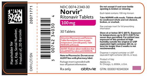 NDC 0074-3399-30 
Norvir®
(ritonavir) Oral Powder 100 mg 
For Oral Use 
ALERT: Find out about medicines that should NOT be taken with Norvir. 
Note to Pharmacist: Do not cover ALERT box with pharmacy label.
Package insert is provided with tear-off patient information. 
30 single-use foil packets 
Rx only abbvie 
