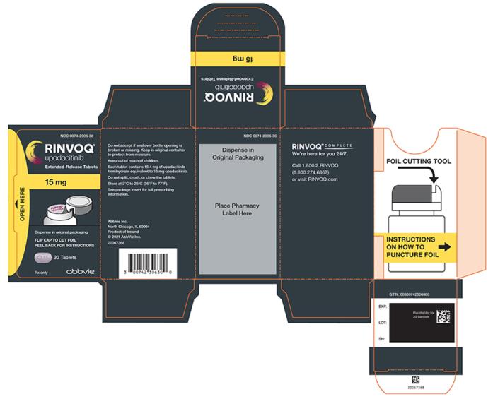 NDC 0074-2306-30 
RINVOQ®
upadacitinib 
Extended-Release Tablets 
15 mg
Dispense in original packaging 
FLIP CAP TO CUT FOIL 
PEEL BACK FOR INSTRUCTIONS 
30 Tablets 
Rx only 
abbvie 
