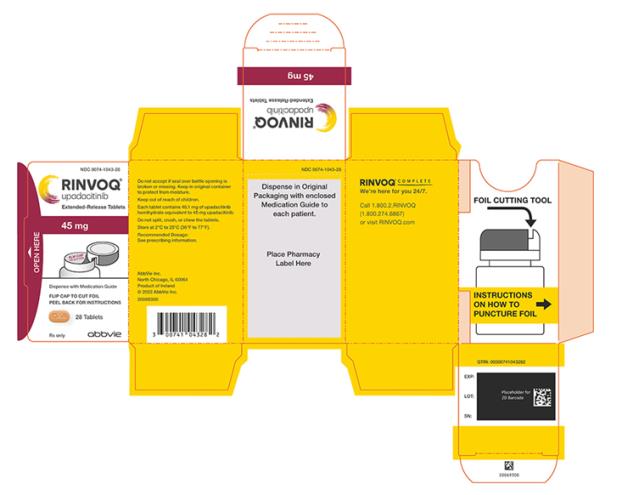 NDC 0074-1043-28 
RINVOQ®
upadacitinib 
Extended-Release Tablets
45 mg
Dispense with Medication Guide 
FLIP CAP TO CUT FOIL 
PEEL BACK FOR INSTRUCTIONS 
28 Tablets 
Rx only 
abbvie
