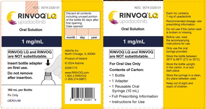 RINVOQ®LQ
upadacitinib
Oral Solution

1 mg/mL

RINVOQ LQ and RINVOQ
are NOT substitutable.

Insert bottle adapter
on first use.

Do not remove
after insertion.

180 mL per Bottle
Rx Only
abbvie
