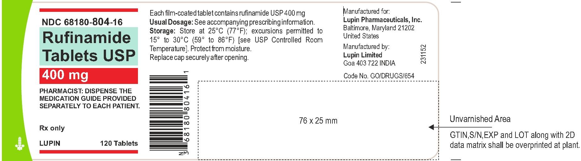NDC 68180-804-16
Container Label of 120 Tablets