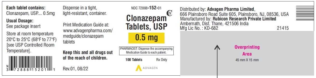 Clonazepam Tablets USP, 0.5 mg - NDC 72888-152-01 - 100 Tablets Label
