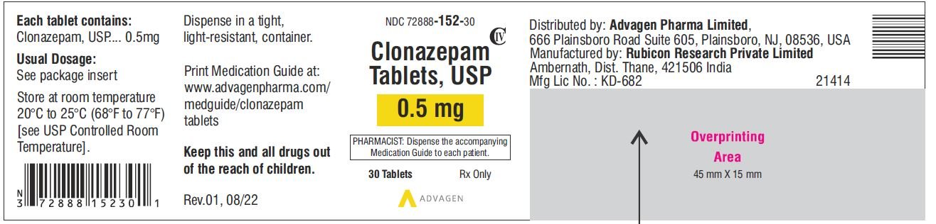 Clonazepam Tablets USP, 0.5 mg - NDC 72888-152-30 - 30 Tablets Label