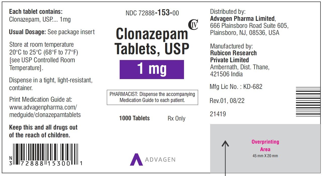 Clonazepam Tablets USP, 1 mg - NDC 72888-153-00 - 1000 Tablets Label