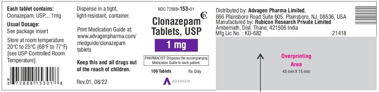 Clonazepam Tablets USP, 1 mg - NDC 72888-153-01 - 100 Tablets Label
