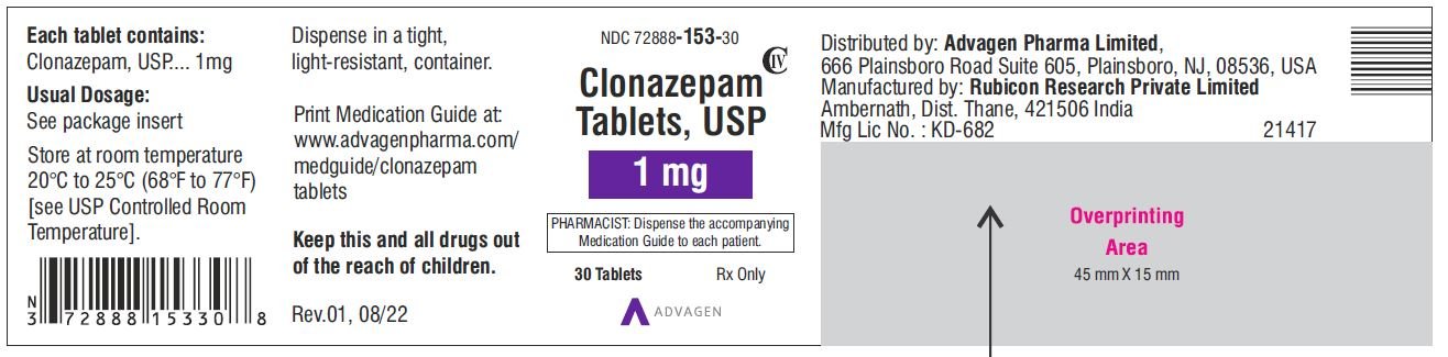 Clonazepam Tablets USP, 1 mg - NDC 72888-153-30 - 30 Tablets Label