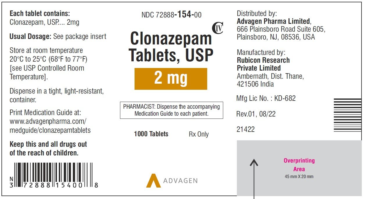 Clonazepam Tablets USP, 2mg - NDC 72888-154-00 - 1000 Tablets Label