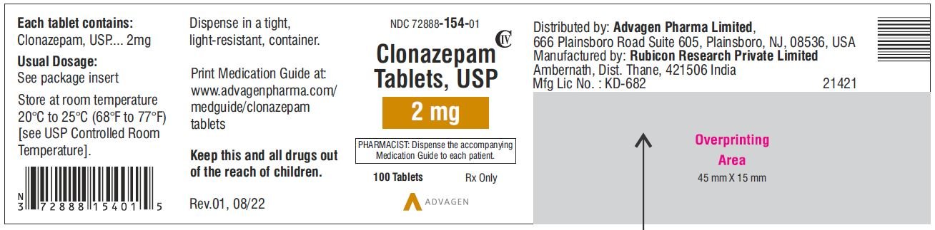 Clonazepam Tablets USP, 2mg - NDC 72888-154-01 - 100 Tablets Label