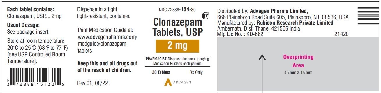 Clonazepam Tablets USP, 2mg - NDC 72888-154-30 - 30 Tablets Label