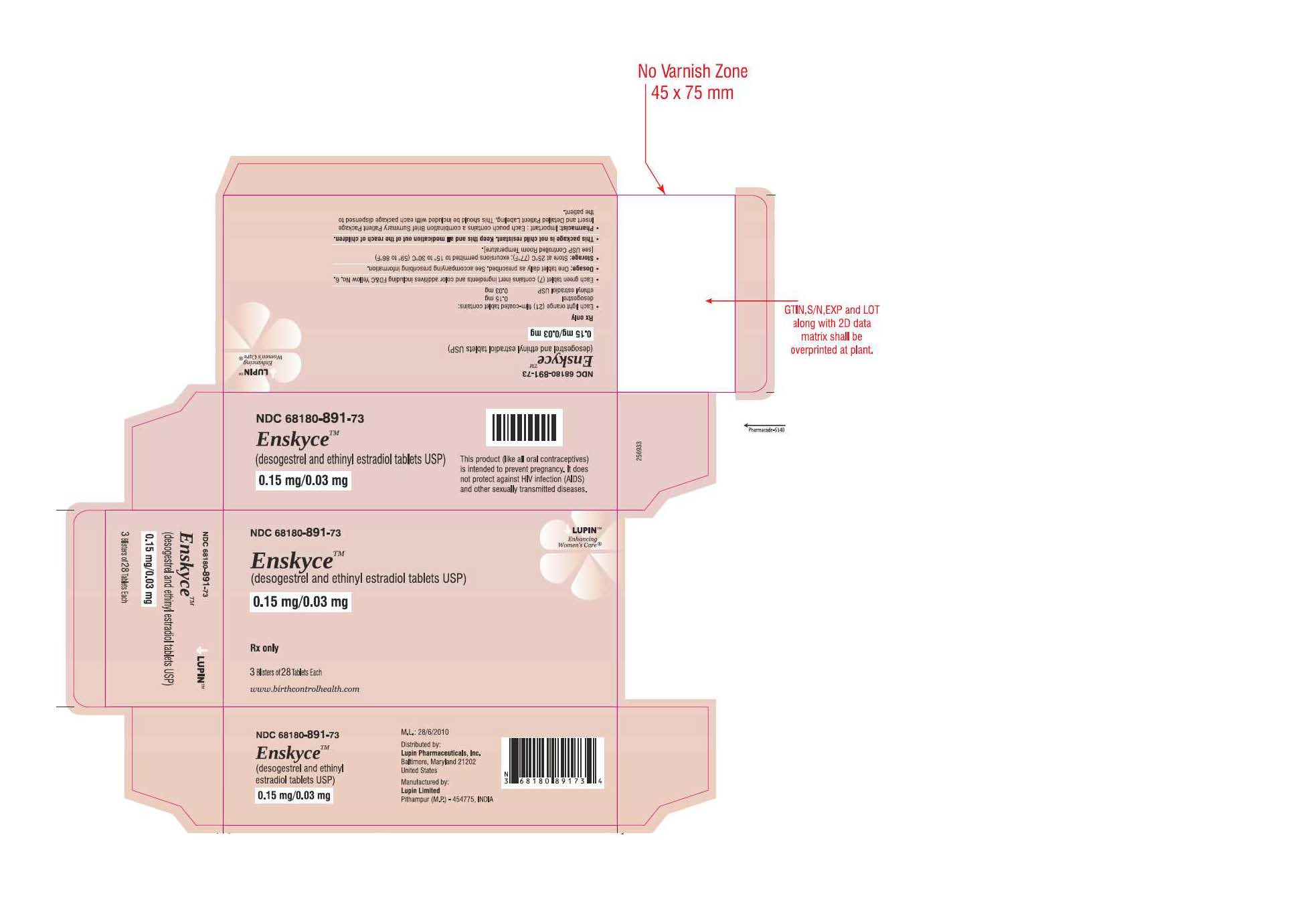 Enskyce
(desogestrel and ethinyl estradiol Tablets USP) 
0.15 mg/0.03 mg 
Rx Only
NDC 68180-882-13
Carton Label: 3 Wallet of 28 Tablets Each